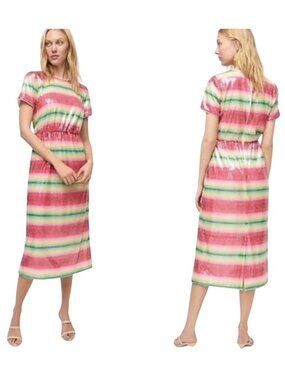 J.Crew Short Sleeve Sequin Midi Dress Watermelon Stripe ASO Mindy Kaling Size 6